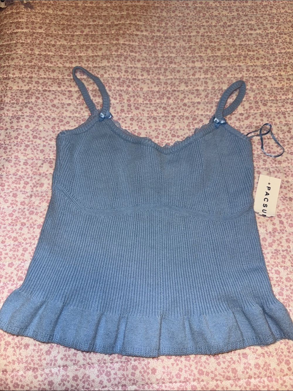 PacSun Blue Ribbed Knit Cami with Ruffle Hem